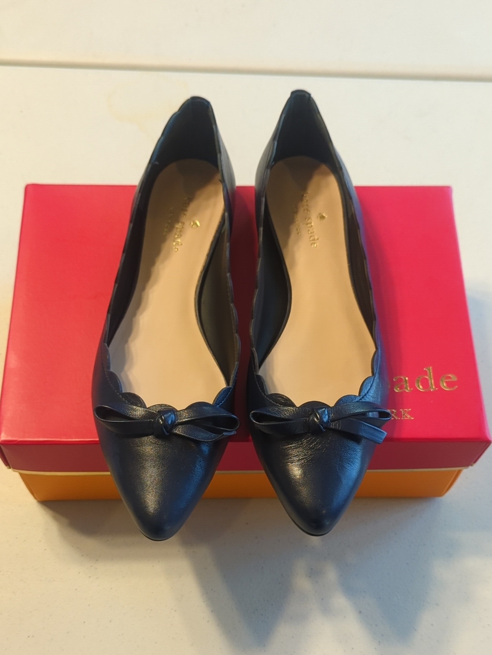 kate spade Navy Pointed Scallop Leather Flats with Bow
